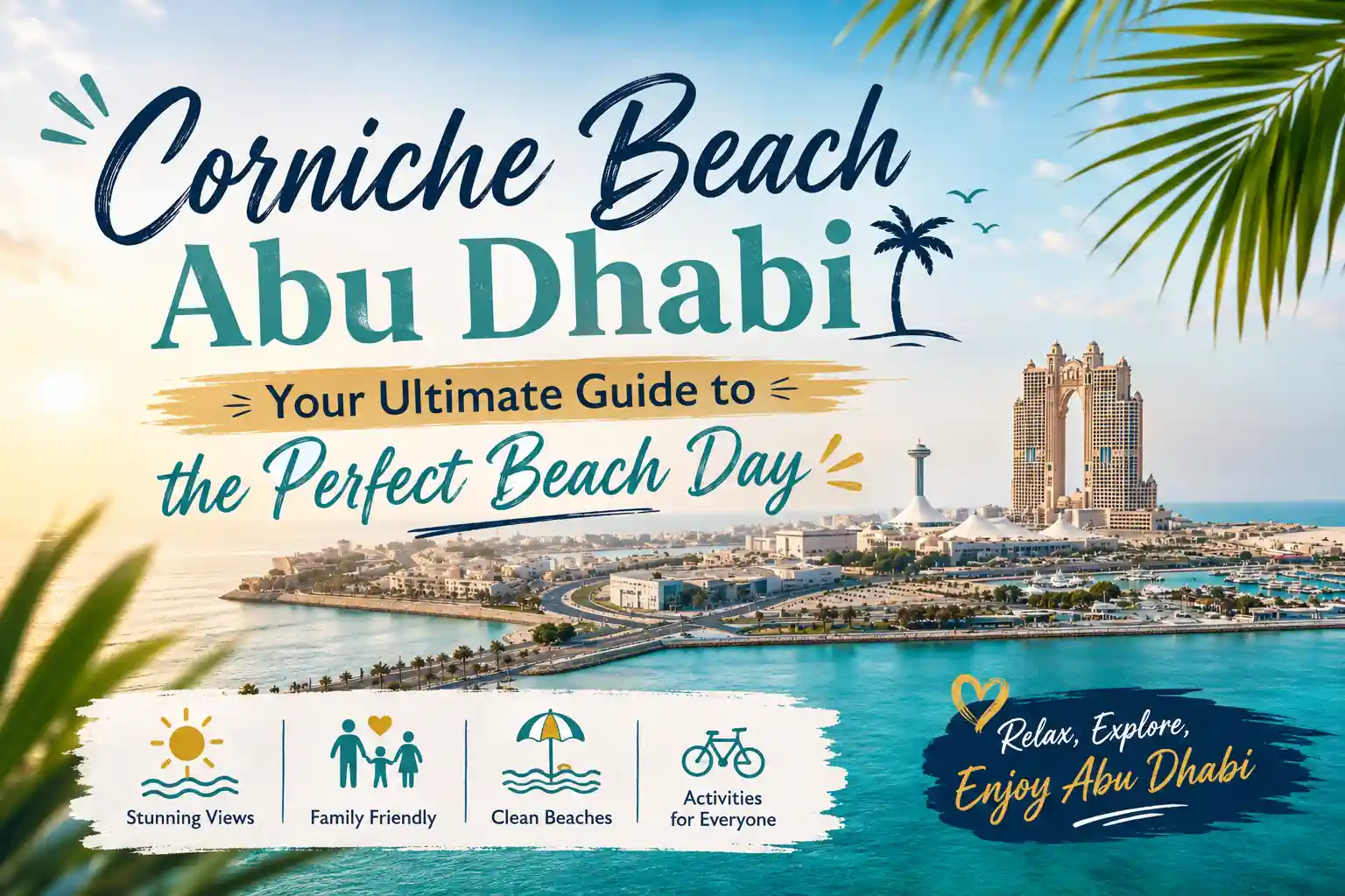 Aerial view of Corniche Beach Abu Dhabi with turquoise waters, modern skyline, luxury waterfront buildings, and colorful travel-style text overlay promoting the perfect beach day in Abu Dhabi.