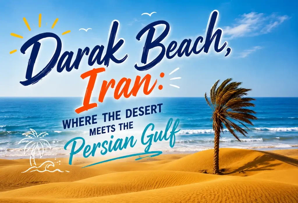 Golden desert dunes meeting the blue Persian Gulf at Darak Beach in Iran with a lone palm tree and scenic coastal landscape