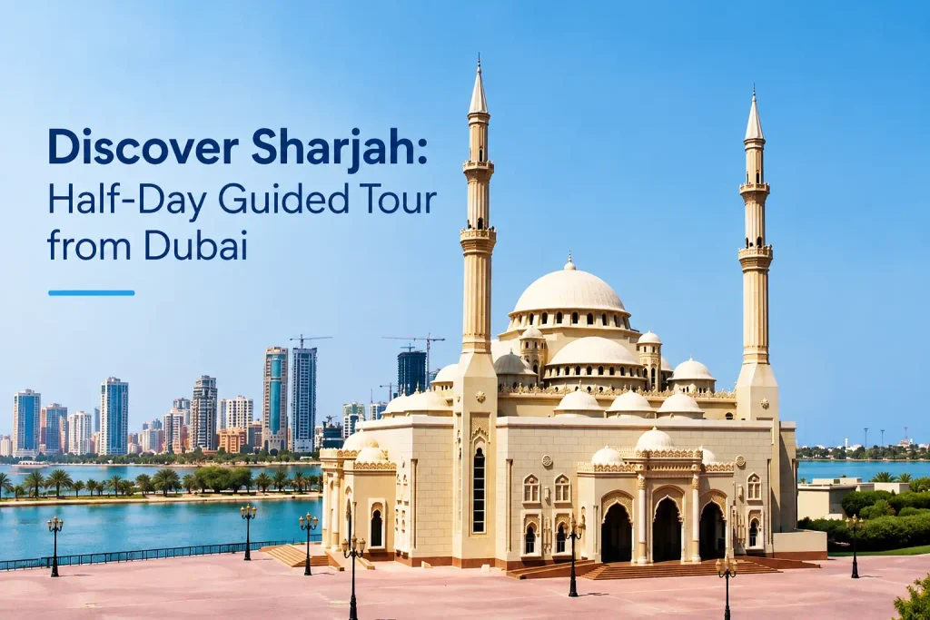 Discover Sharjah half-day guided tour from Dubai featuring a historic mosque beside the waterfront.