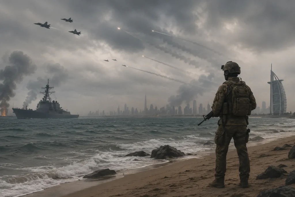 Soldier standing on a stormy Dubai beach with military aircraft, naval warship, and dark clouds symbolizing regional geopolitical tensions near the UAE coastline.