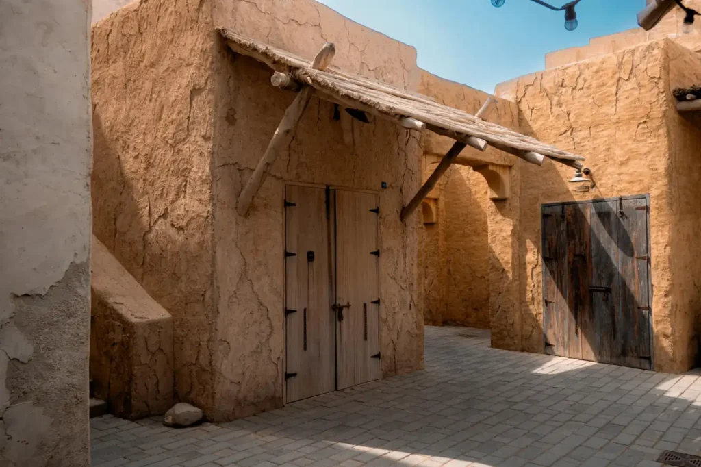 Traditional mud-brick buildings and wooden doors inside Heritage Village Abu Dhabi, showcasing authentic Emirati architecture and cultural heritage near Corniche Beach.