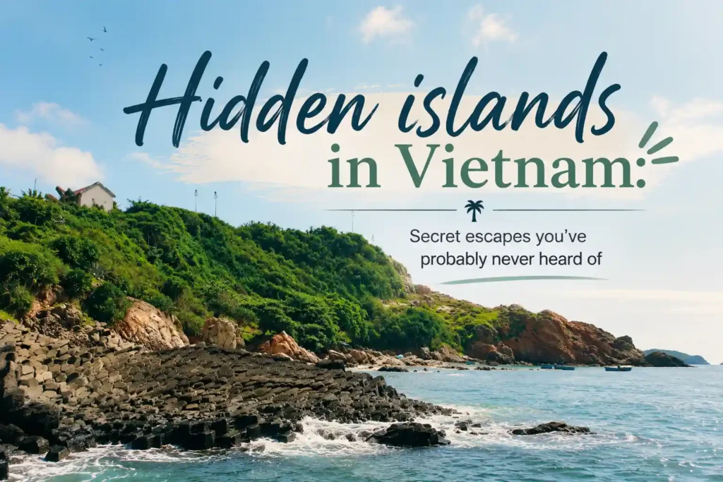 Hidden rocky coastline and turquoise sea on a secret island in Vietnam with tropical travel-style title overlay about hidden islands and secret escapes.