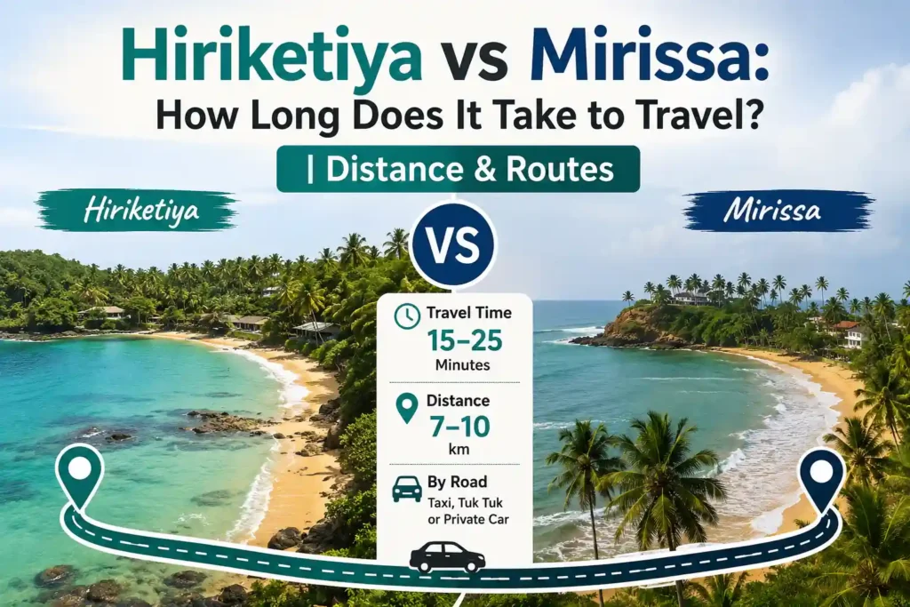Taxi and private car route from Hiriketiya to Mirissa with travel time and distance details.