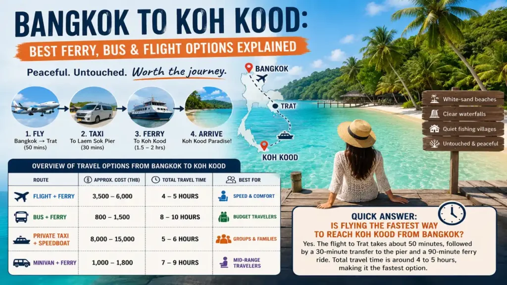 Overview infographic showing how to get to Koh Kood from Bangkok by flight, ferry, taxi, and minivan with travel times and costs.