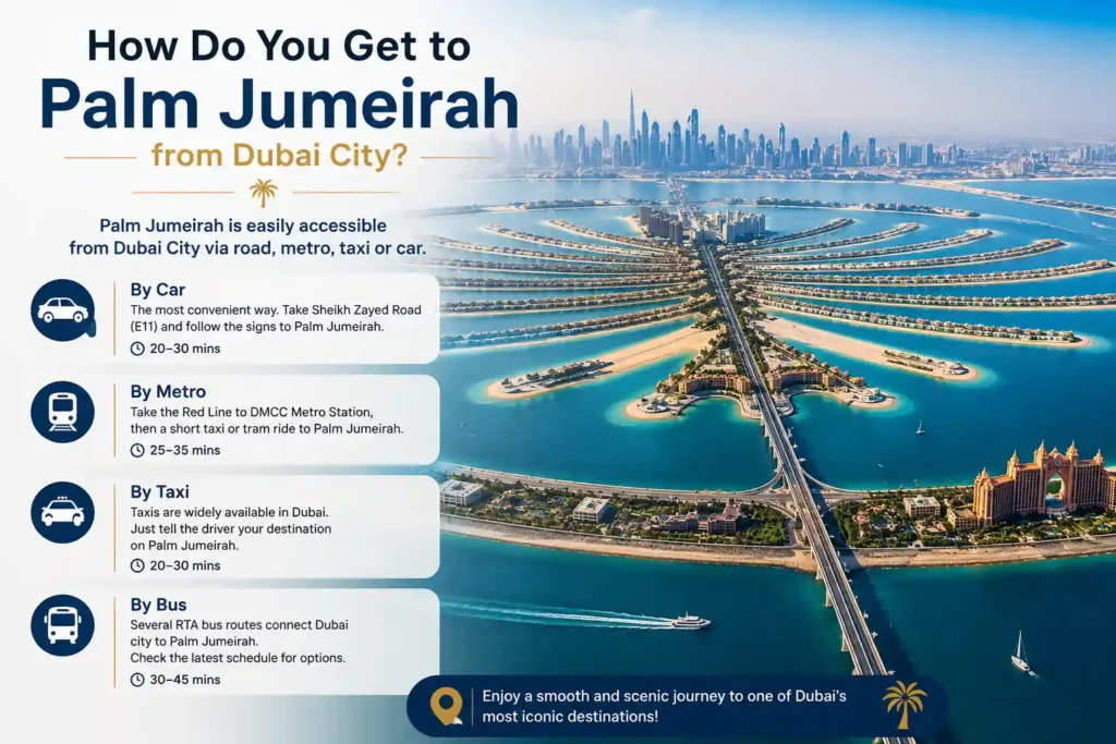 How to get to Palm Jumeirah from Dubai city by car metro taxi and bus