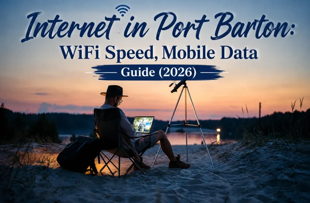 Traveler using a laptop on a beach at sunset in Port Barton with the title “Internet in Port Barton: WiFi Speed, Mobile Data Guide (2026)” overlayed.