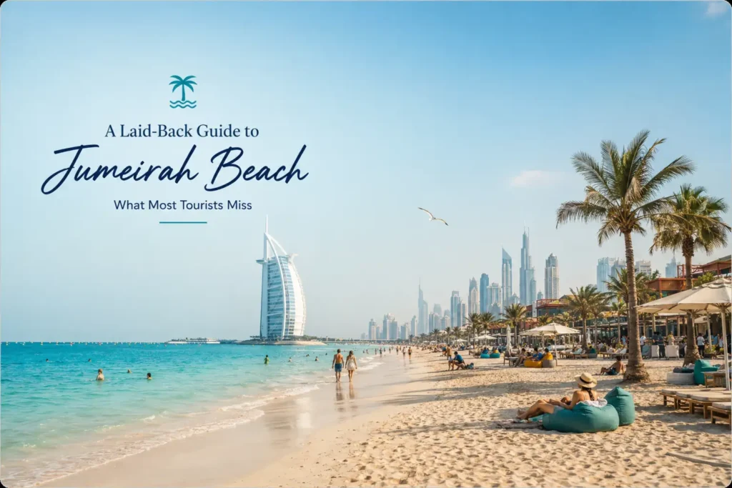 Tourists relaxing at Jumeirah Beach Dubai with Burj Al Arab skyline view