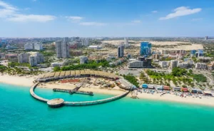 Aerial skyline and turquoise coastline view of Kish Island beaches