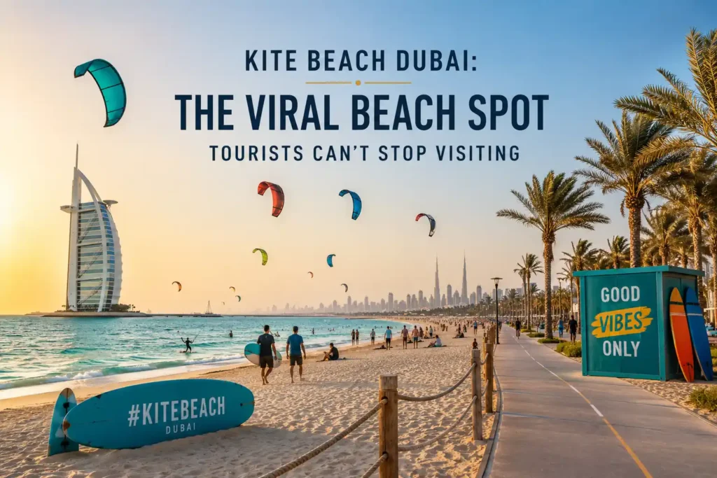 Sunset view of Kite Beach Dubai with Burj Al Arab and kitesurfers Caption: Kite Beach Dubai attracts tourists with skyline views and vibrant beach vibes.