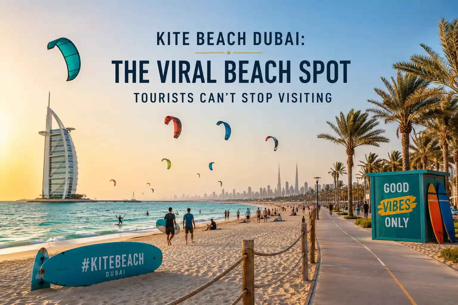 Sunset view of Kite Beach Dubai with Burj Al Arab and kitesurfers Caption: Kite Beach Dubai attracts tourists with skyline views and vibrant beach vibes.