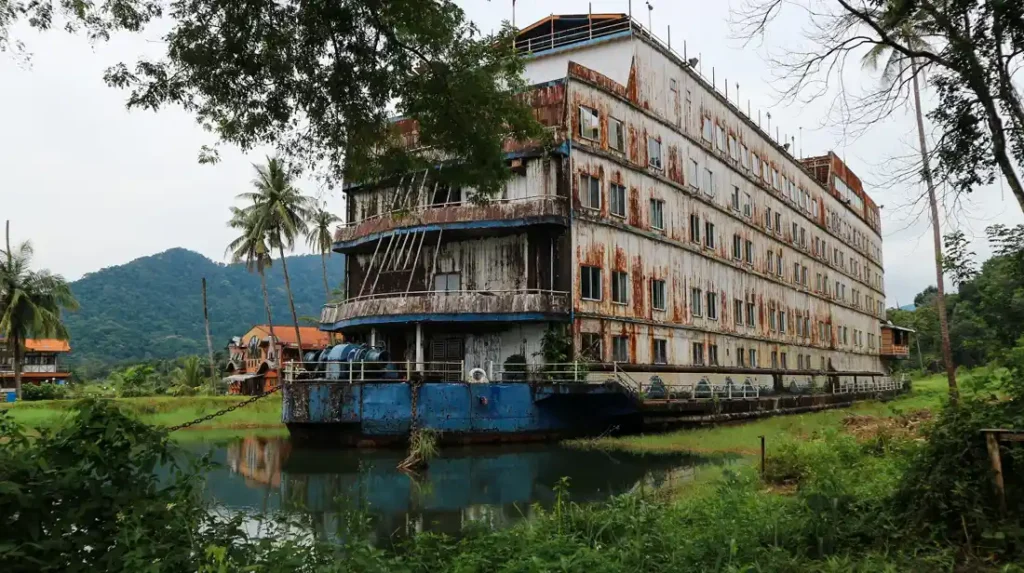 Old abandoned ship structure in Koh Kood, Thailand, surrounded by jungle and reflecting the island’s quiet, untouched atmosphere.