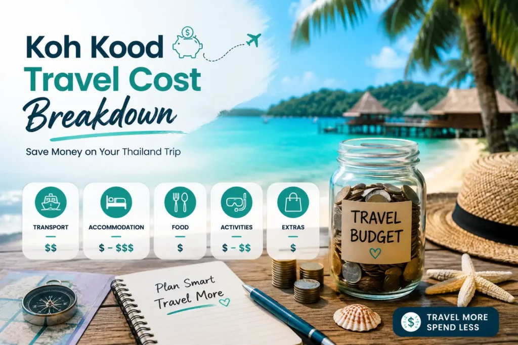 Travel budget infographic showing Koh Kood trip costs for hotels, food, transport, and activities