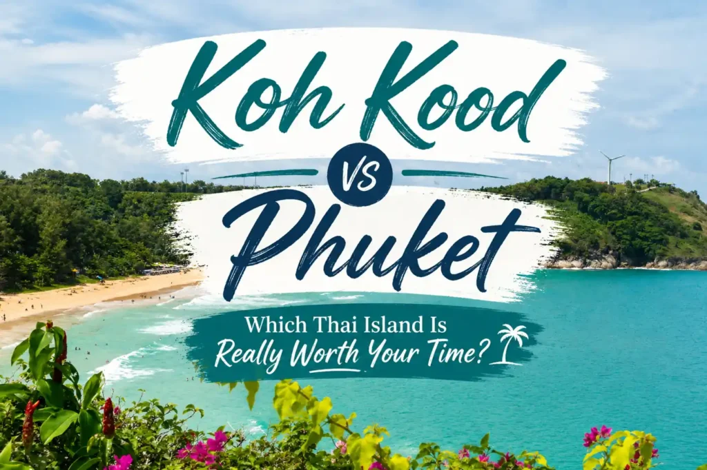 Scenic tropical beach comparison graphic featuring Koh Kood vs Phuket with turquoise water, sandy shoreline, and travel-style typography asking which Thai island is worth your time.