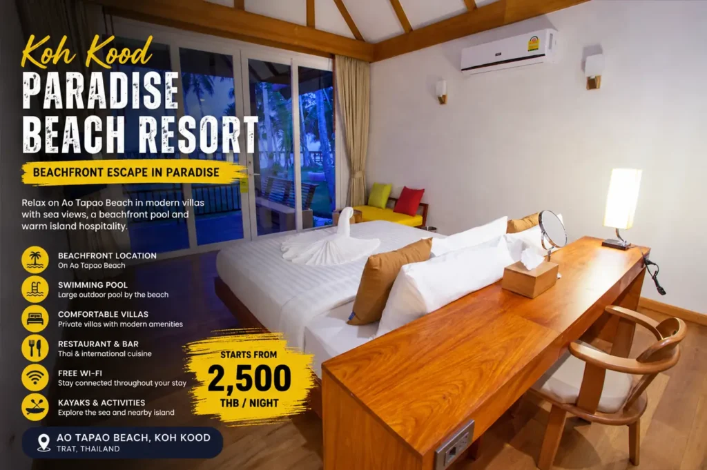 Modern beachfront villa room at Koh Kood Paradise Beach Resort with tropical sea views, wooden interiors, and resort information highlighting facilities and room prices.