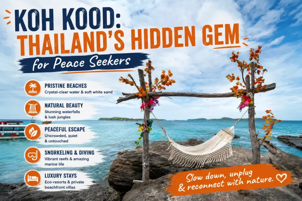 Scenic hammock viewpoint on Koh Kood island with turquoise sea, rocky coastline, and travel-style text highlighting Thailand’s hidden tropical gem.