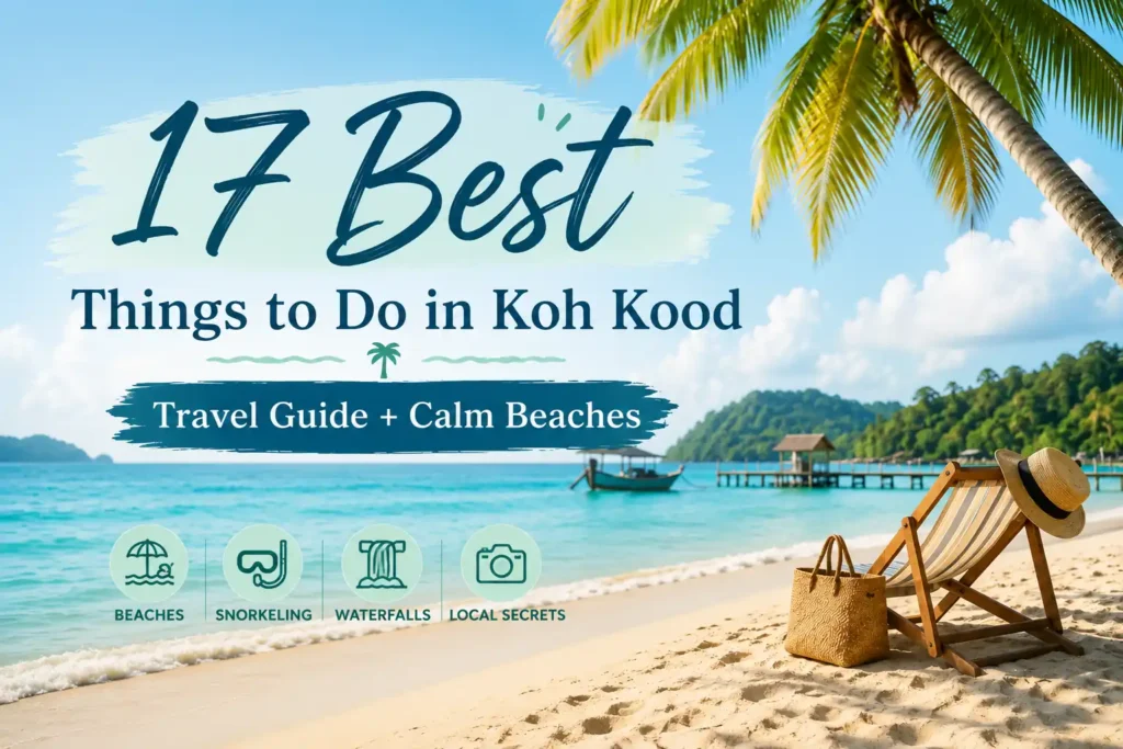 Tropical beach in Koh Kood with turquoise water, palm trees, and travel guide text highlighting the best things to do in Koh Kood, including beaches, snorkeling, waterfalls, and local experiences.