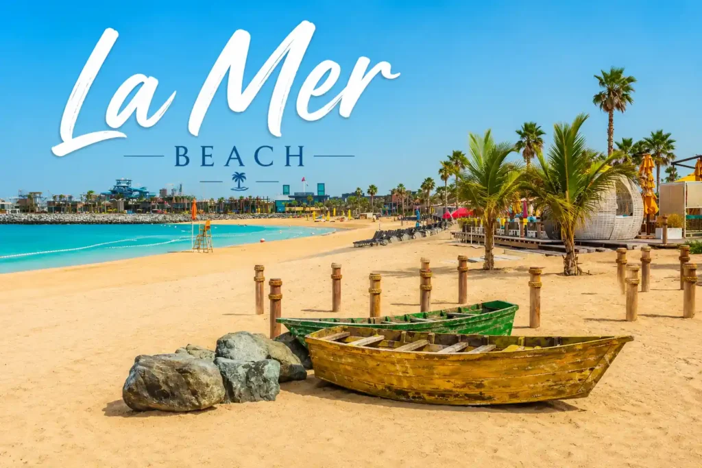 La Mer Beach Dubai travel guide with sandy beach palm trees and relaxing coastal atmosphere