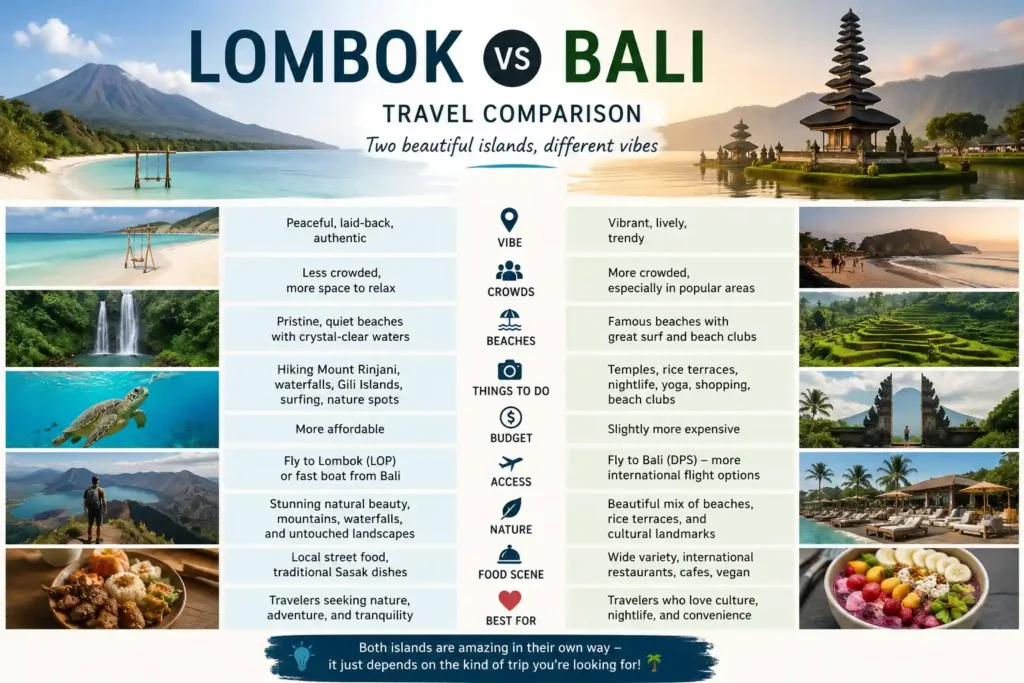 side-by-side travel comparison between Lombok and Bali highlighting crowds, costs, beaches, and activities