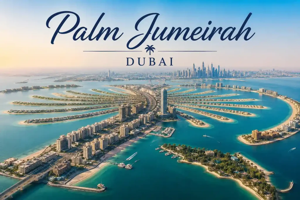 Palm Jumeirah Dubai aerial view travel guide with luxury resorts and skyline