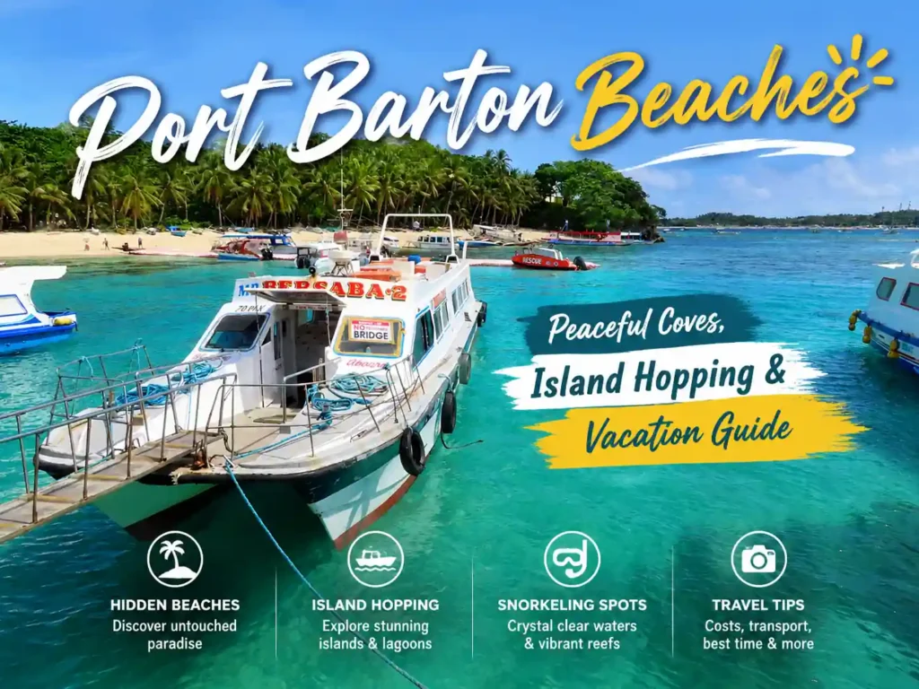 Tour boat anchored in crystal-clear turquoise water near tropical Port Barton beaches in Palawan, featuring island hopping and vacation guide text overlay.