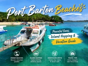 Tour boat anchored in crystal-clear turquoise water near tropical Port Barton beaches in Palawan, featuring island hopping and vacation guide text overlay.