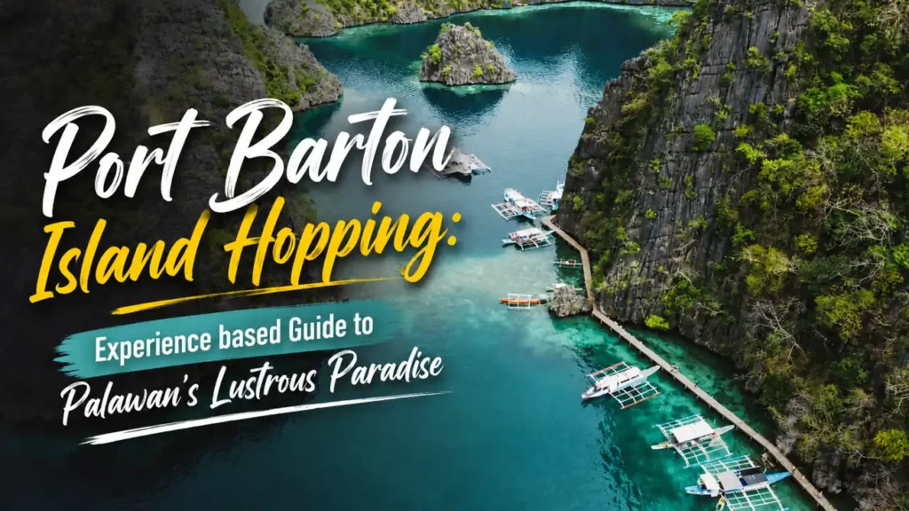 Aerial view of Port Barton island hopping route in Palawan, featuring turquoise lagoons, limestone cliffs, traditional Filipino boats, and tropical island scenery.