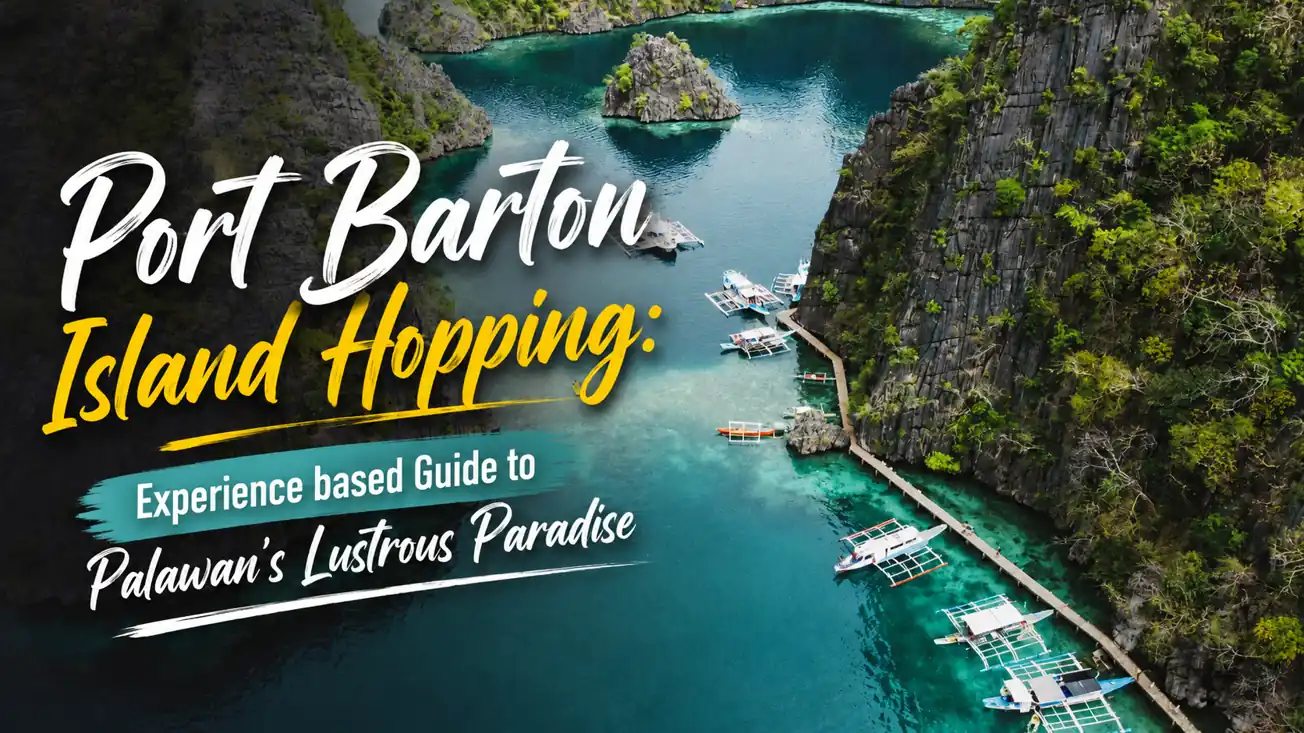 Aerial view of Port Barton island hopping route in Palawan, featuring turquoise lagoons, limestone cliffs, traditional Filipino boats, and tropical island scenery.