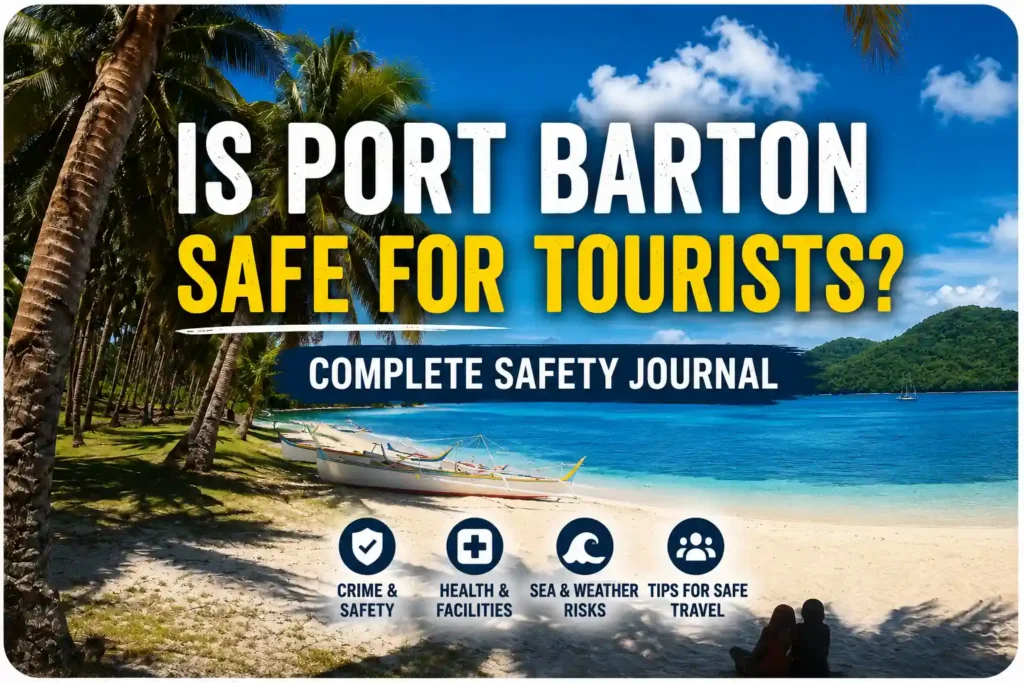 Tropical beach in Port Barton, Philippines with palm trees, turquoise water, traditional boats, and safety travel guide title overlay for tourists.