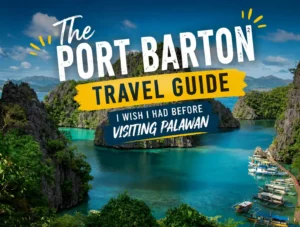 Turquoise lagoons and towering limestone cliffs near Port Barton in Palawan with colorful island-hopping boats docked along the shoreline.