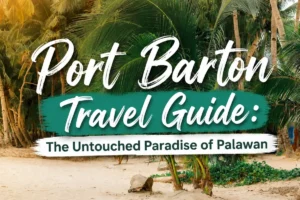 Tropical palm trees and sandy beach in Port Barton, Palawan with “Port Barton Travel Guide: The Untouched Paradise of Palawan” text overlay.