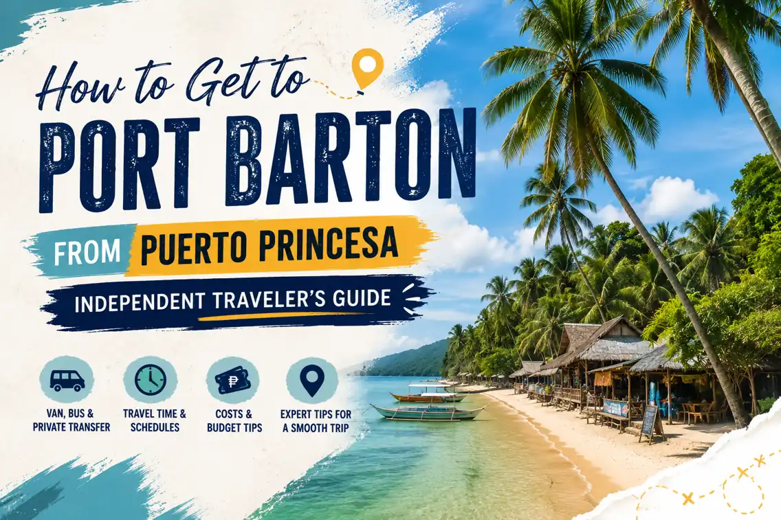 Travel guide thumbnail showing a tropical beach in Port Barton with palm trees, beachfront huts, turquoise water, and text about traveling from Puerto Princesa to Port Barton.