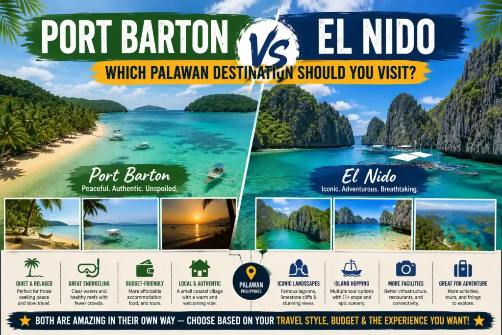 Split-screen comparison of Port Barton and El Nido in Palawan, featuring turquoise beaches, limestone cliffs, island-hopping boats, and tropical scenery with travel comparison text overlay.