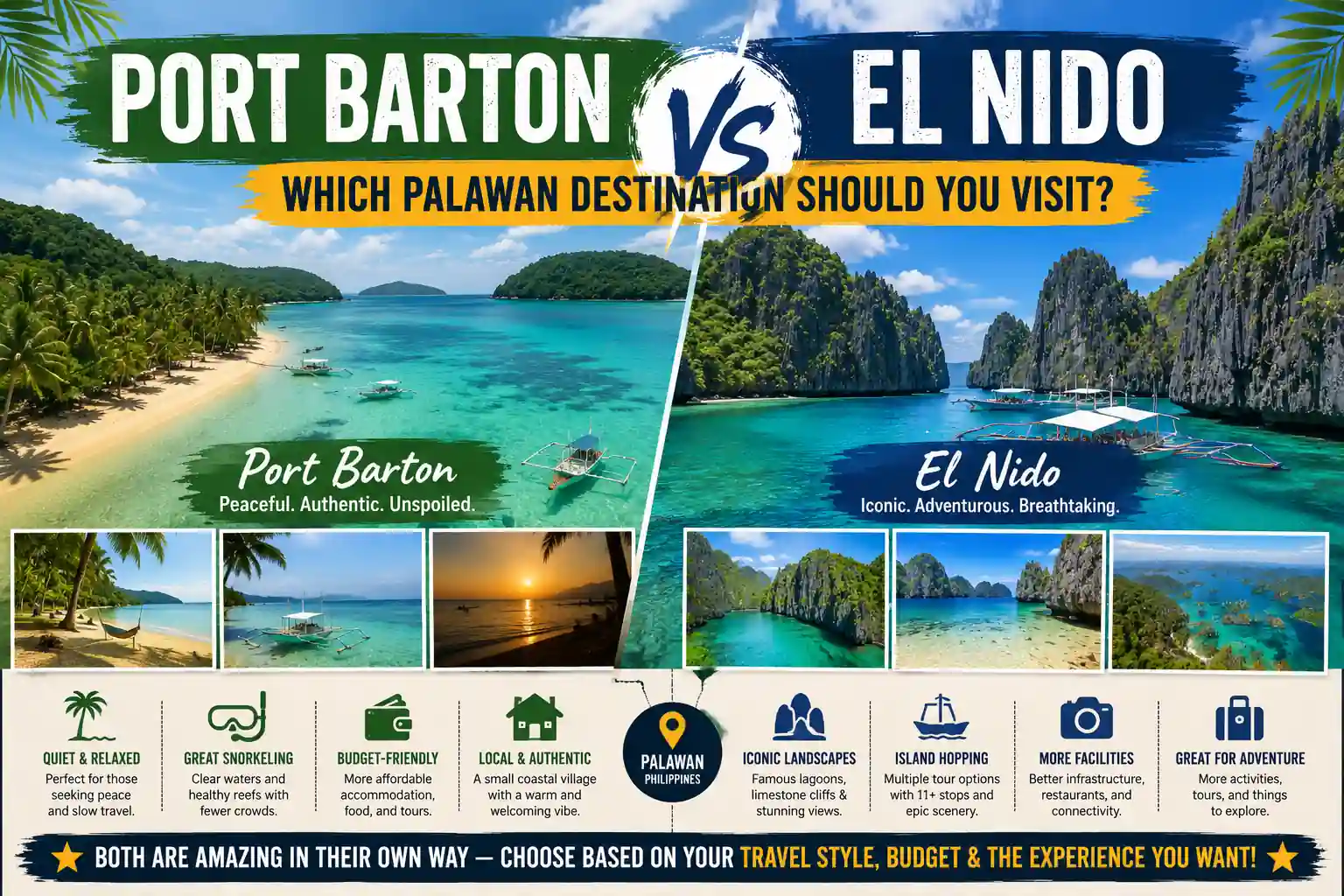 Split-screen comparison of Port Barton and El Nido in Palawan, featuring turquoise beaches, limestone cliffs, island-hopping boats, and tropical scenery with travel comparison text overlay.