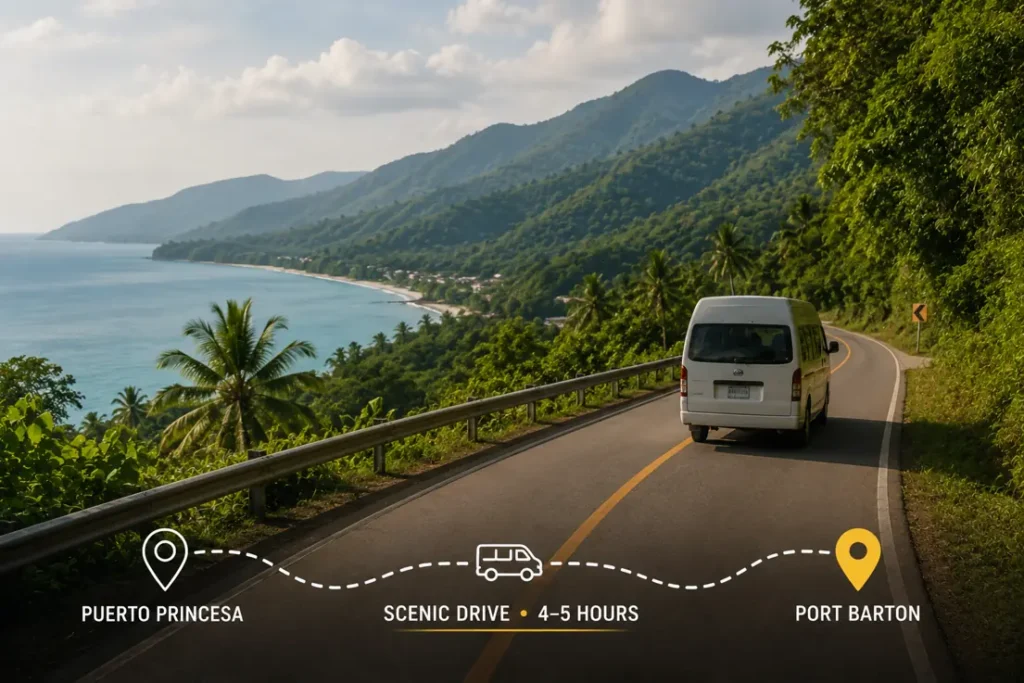 Scenic coastal road trip from Puerto Princesa to Port Barton with a van driving beside tropical mountains, palm trees, and ocean views.