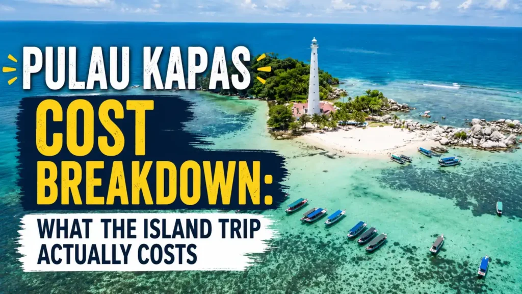 Aerial view of Pulau Kapas island with turquoise water, white sandy beach, lighthouse, and small boats floating near the tropical Malaysian coastline