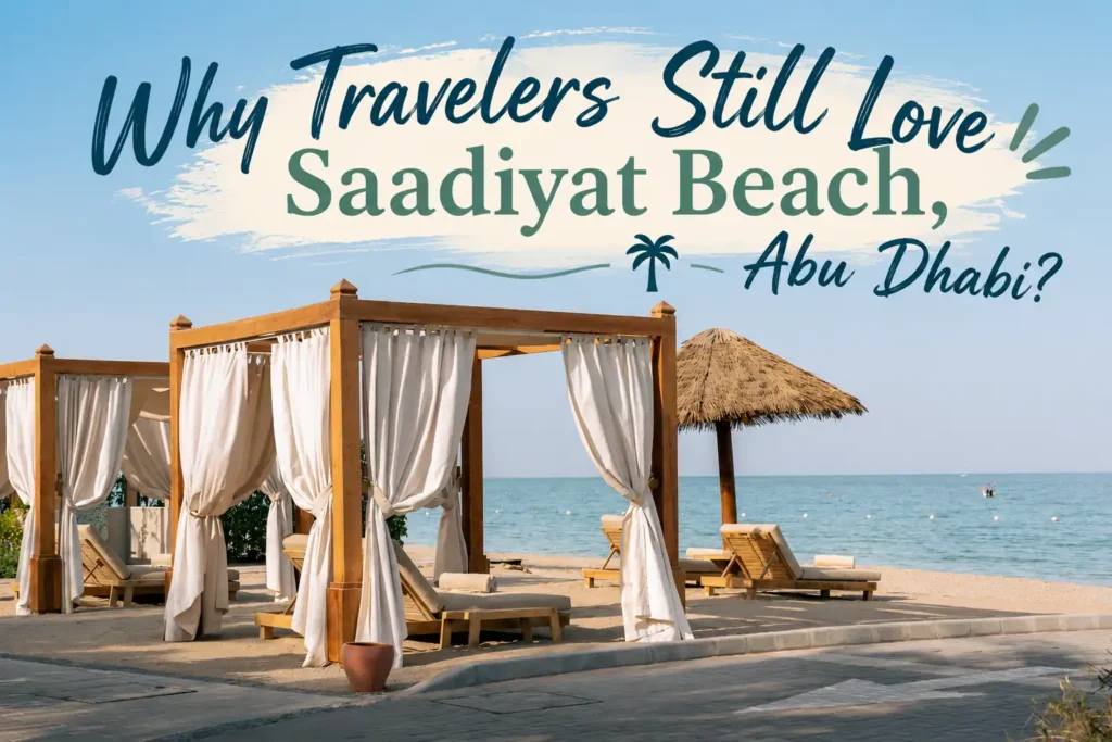 Luxury beachfront cabanas with white curtains at Saadiyat Beach in Abu Dhabi overlooking calm turquoise water and relaxing seaside loungers.