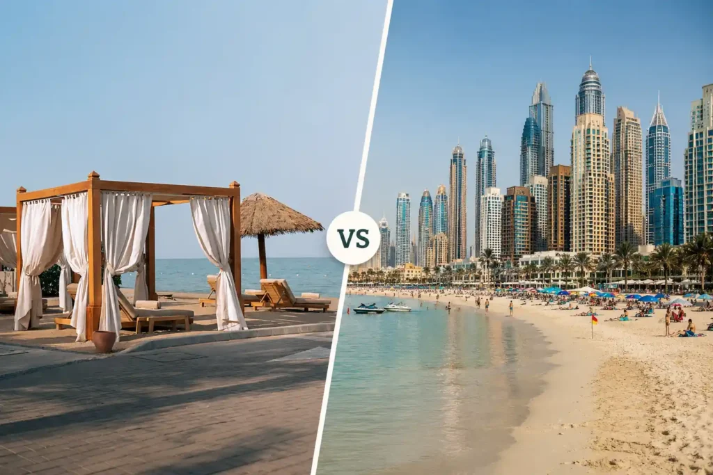 Luxury Saadiyat Beach resort cabanas compared with Dubai’s busy skyline beach, highlighting the contrast between peaceful coastal relaxation and energetic urban beach life in the UAE.