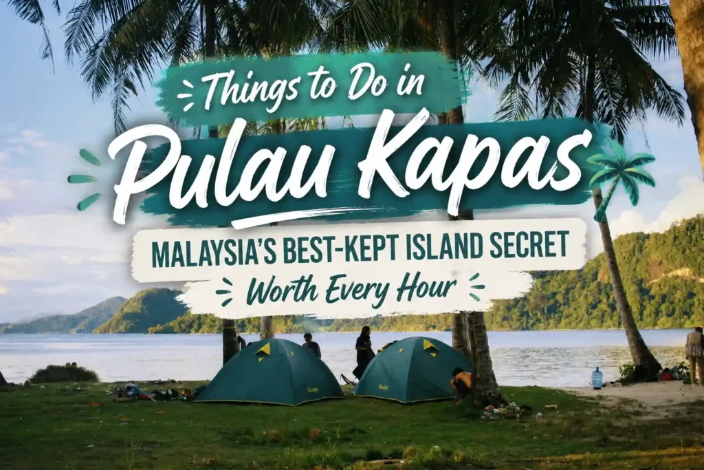 Beachfront campsite with palm trees on Pulau Kapas highlighting the best things to do on Malaysia's hidden island paradise.