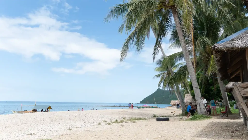 Tropical beach with palm trees, huts, and turquoise sea. 