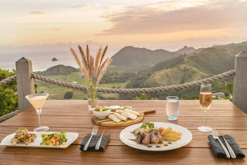 Dining table with gourmet dishes and drinks overlooking the hills and coastline near Selong Belanak, Lombok, during sunset. 