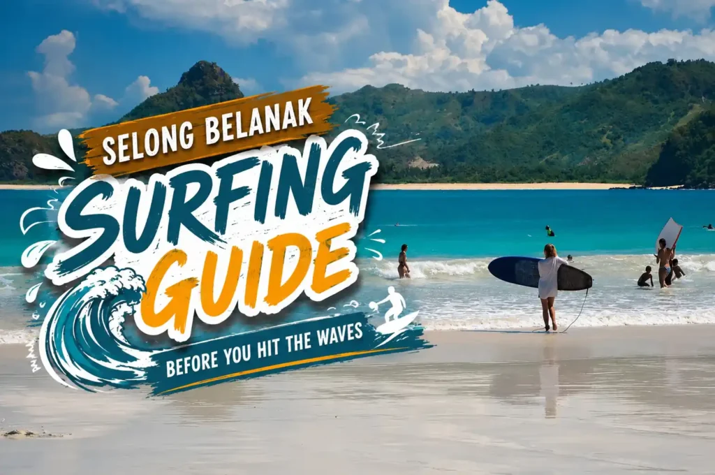 Surfer standing on Selong Belanak Beach with turquoise waves and green hills in Lombok, Indonesia.
