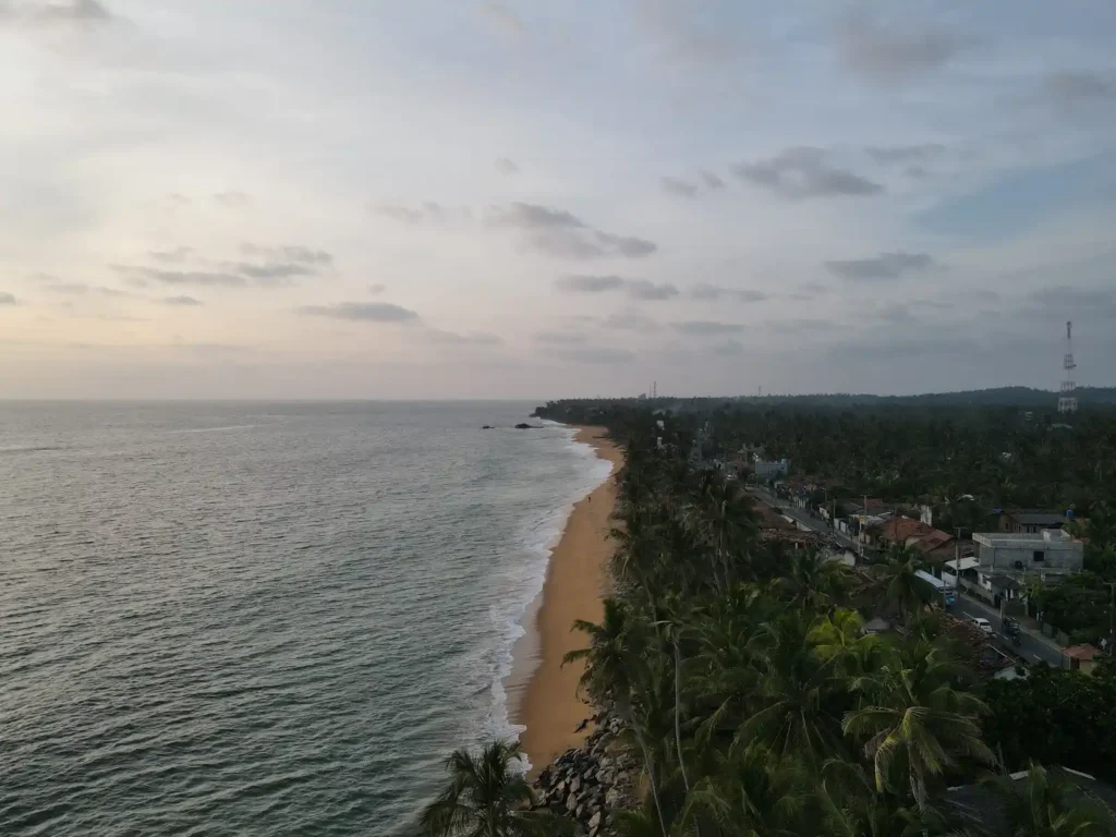 Aerial view of a palm-lined Sri Lankan beach with ocean waves, coastal road, houses, and cloudy sky.