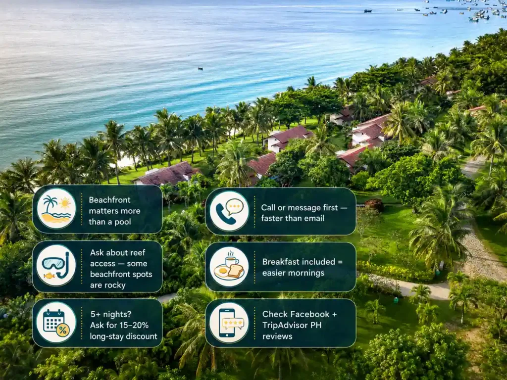 Tropical Anda resort infographic with helpful booking tips, including choosing beachfront stays, calling ahead, checking reef access, confirming breakfast, asking for long-stay discounts, and reading local reviews.