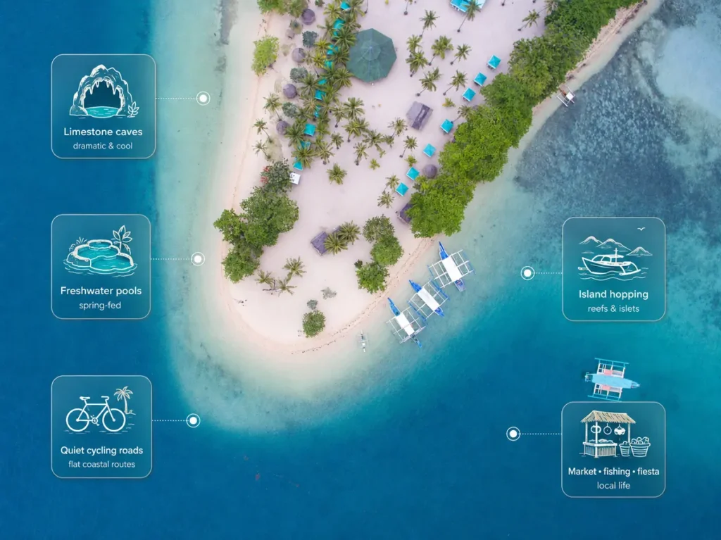 Aerial view of Anda Beach with icons highlighting limestone caves, freshwater pools, quiet cycling roads, island hopping, and local market and fishing experiences. 