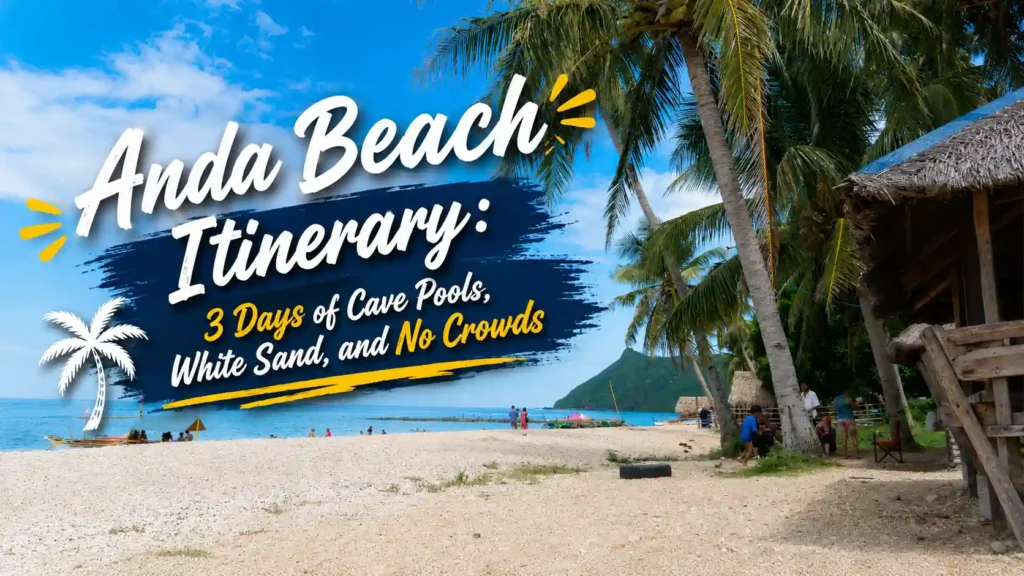 Tropical beach in Anda, Bohol, with white sand, coconut palms, turquoise water, and a promotional title reading “Best Time to Visit Anda Beach: Month-by-Month Guide You Actually Need.”