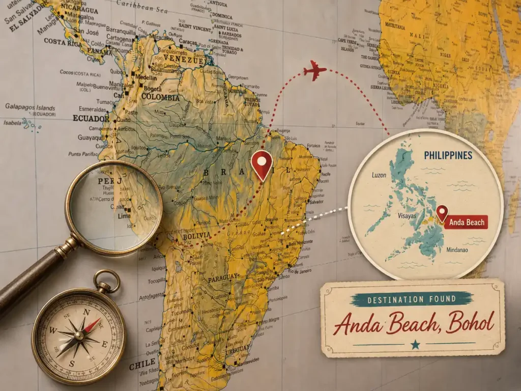 Vintage-style world map graphic showing the search for Anda Beach, Bohol with a magnifying glass, compass, airplane route, map pin, and a Philippines inset highlighting Anda Beach.