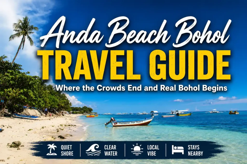 Anda Beach Bohol travel guide cover showing a quiet tropical shoreline, clear blue water, palm trees, and boats near the beach.