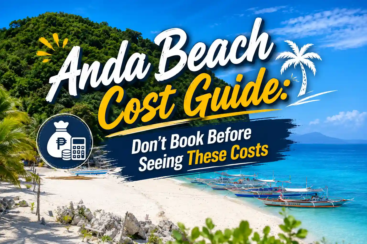 Scenic view of Anda Beach in Bohol featuring white sand, turquoise water, traditional outrigger boats, and lush green hills, overlaid with the title “Anda Beach Cost Guide: Don’t Book Before Seeing These Costs.”
