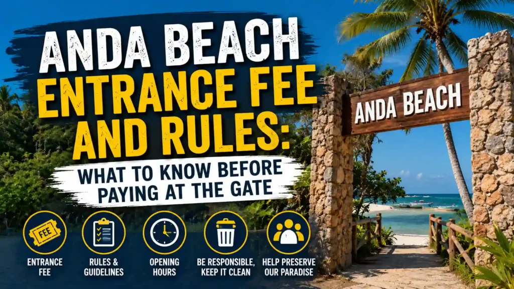 Anda Beach entrance fee and rules travel guide thumbnail featuring a tropical beach entrance, bold yellow and white typography, visitor guidelines, opening hours, and beach information icons.