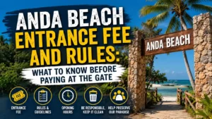 Anda Beach entrance fee and rules travel guide thumbnail featuring a tropical beach entrance, bold yellow and white typography, visitor guidelines, opening hours, and beach information icons.